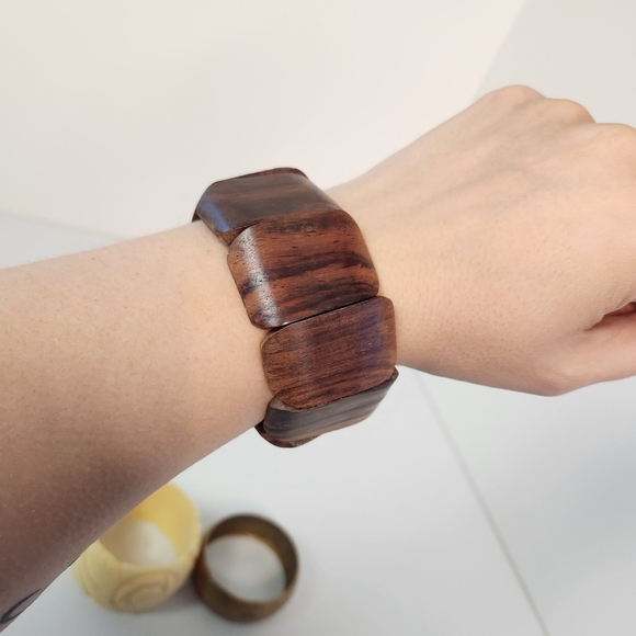 Vintage Brass Wood Bangle Bracelet Set Floral Roses Boho Bohemian Jewlery 1970s - Picture 2 of 10